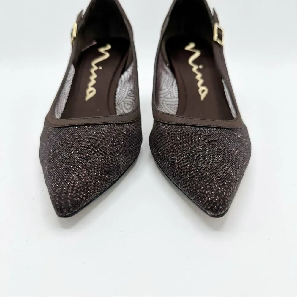 Women's Nina Cocoa Brown Sheer Glitter Satin Formal Pumps Heels Shoes size 8M‎